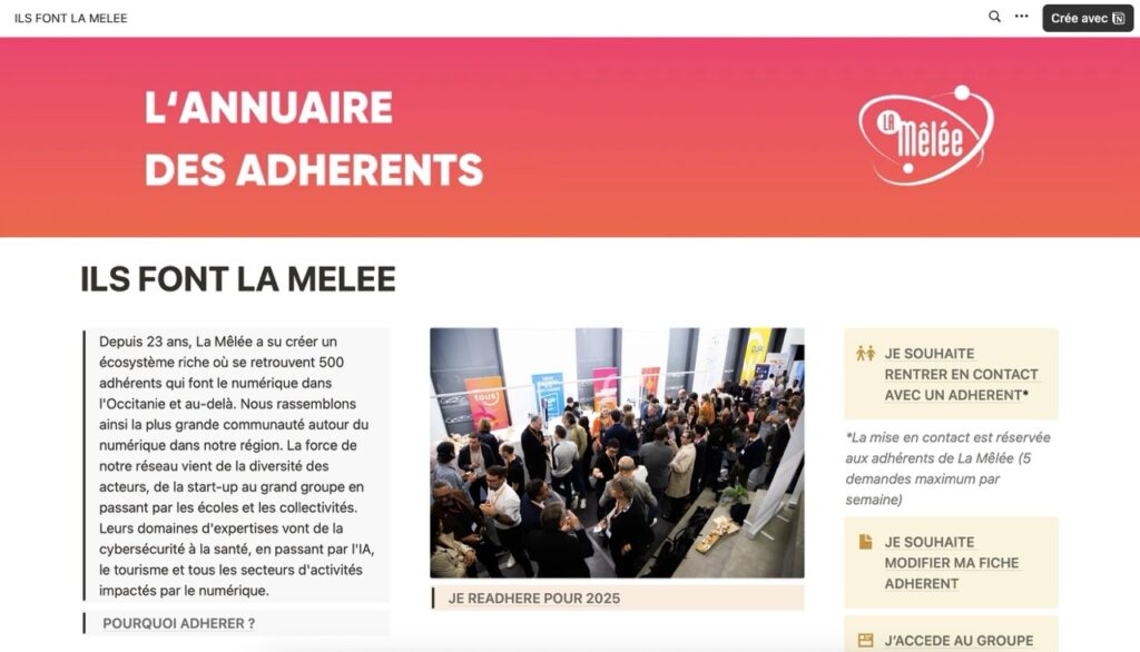 Annuaire des membres de La Mêlée, écosystème numérique en Occitanie – aperçu du site interactif Notion